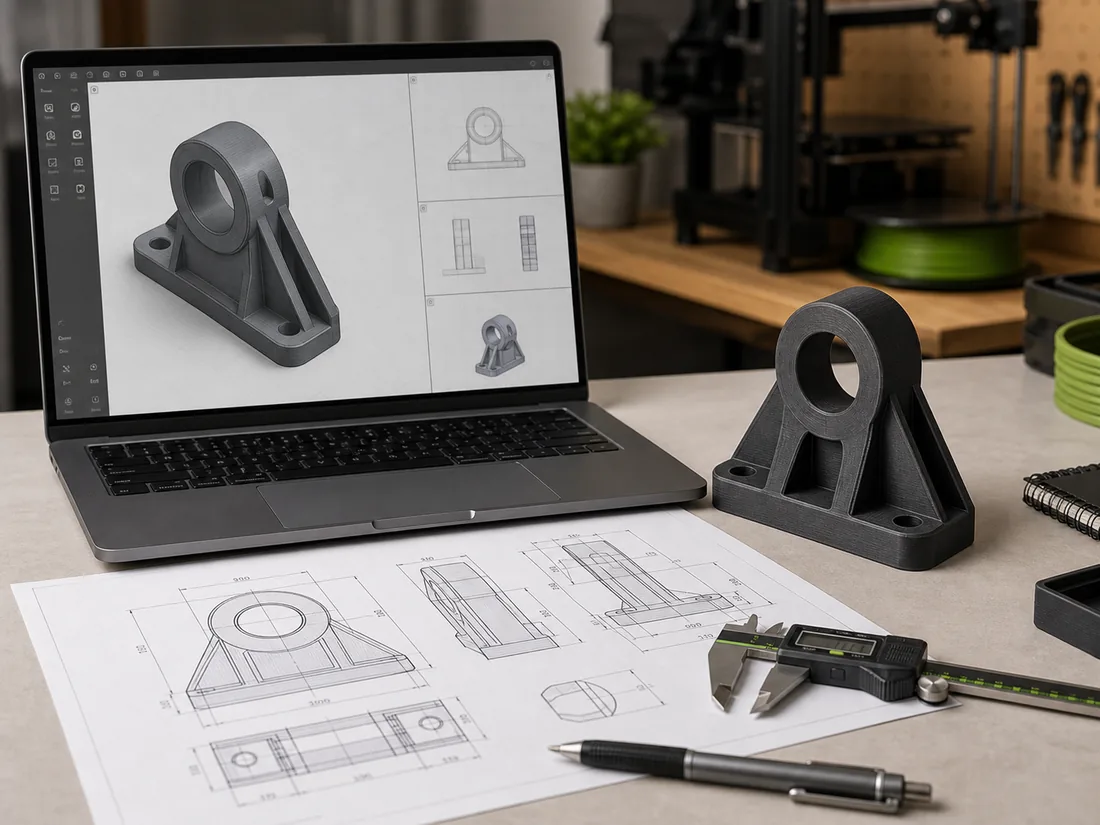 Projeto técnico em CAD ao lado da peça final impressa em 3D