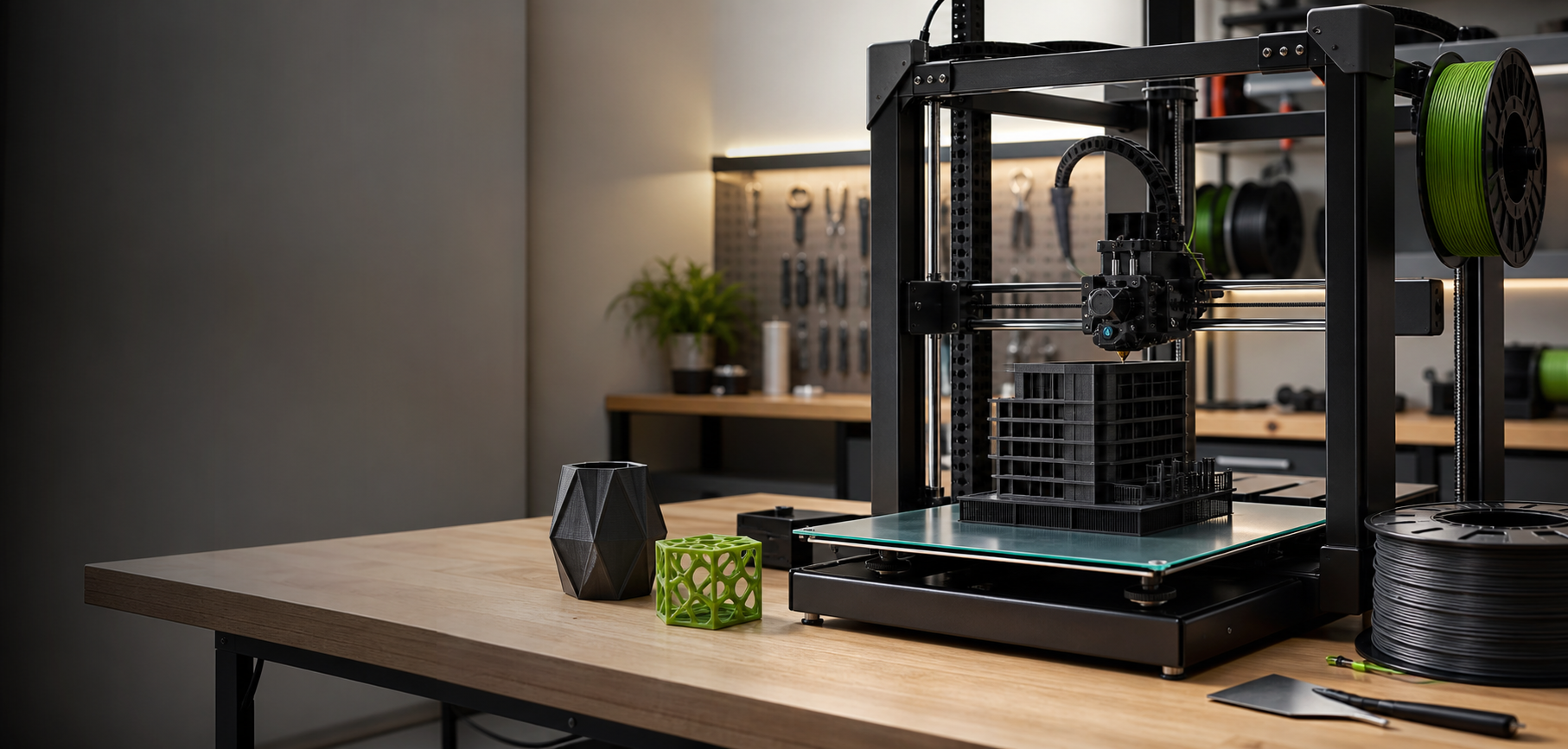 Impressora 3D fabricando uma miniatura arquitetônica em uma bancada de oficina moderna